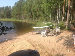a picnic table and a boat on the shore of a lake at Kesämökki RUOKOLAHTI in Talkkuna