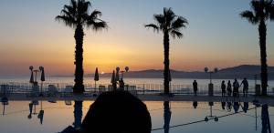 eine Person, die vor einem Pool mit Palmen sitzt in der Unterkunft B&B Le Dune Beach in San Leone