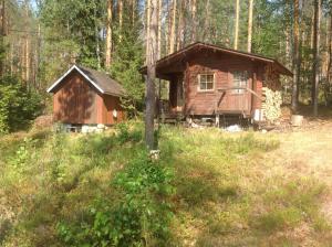 una cabaña de madera en medio de un bosque en Kesämökki RUOKOLAHTI en Talkkuna