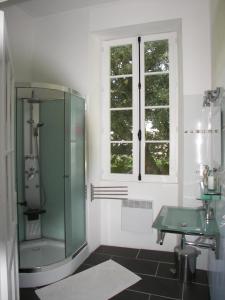 a bathroom with a glass shower and a sink at Domaine du Noble in Saint-Jean-de-Thurac +46 photos