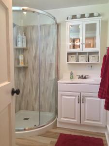 a bathroom with a shower and a sink at Villa Riberia in St. Augustine