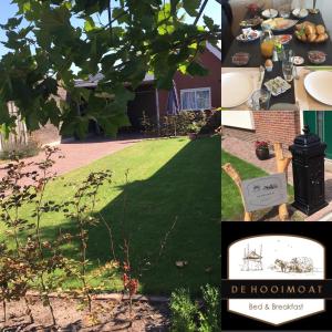 a collage of photos of a garden and a table with a tree at Bed&Breakfast de Hooimoat in Losser