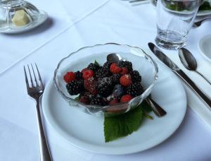 a bowl of berries on a plate on a table at Turistična kmetija Žerovc in Bled
