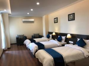 a row of four beds in a hotel room at Kaveri Inn in Kathmandu