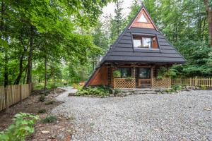 een klein huisje in het bos met een gambrel dak bij Chałubińskiego 41 by LoftAffair in Zakopane