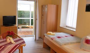 a bedroom with a bed and a television and a balcony at Ferienhaus "Zur Alten Schule" in Mittelndorf