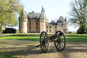 um canhão sentado em frente a um castelo em La petite soixante deux em Le Lonzac