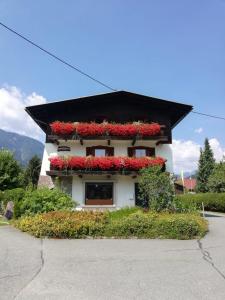 un edificio con flores rojas a un lado. en Appartements Zankl, en Kötschach-Mauthen