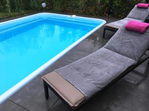 ein Pool mit zwei Liegen daneben in der Unterkunft Ferienhaus Birkenweg in Erfurt