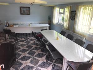 a room with two tables and chairs and windows at Pensiunea Daiana in Albac