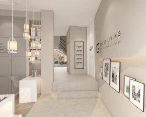 a rendering of the entrance to the first wing of the trust living arts building at Great Living Koukaki in Athens