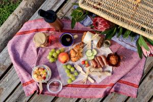 プレッテンバーグ・ベイにあるKnysna Elephant Park Lodgeのピンクの毛布の上に食べ物を入れたピクニックテーブル