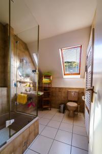 een badkamer met een douche, een wastafel en een toilet bij Moseltalblick in Bernkastel-Kues