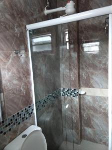 een badkamer met een toilet en een glazen douche bij Hotel Flor da Vila Mariana in Sao Paulo