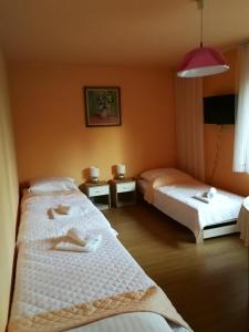 two beds in a room with orange walls at Noclegi u Mai in Olsztyn