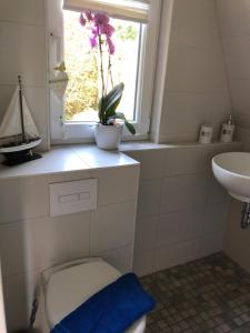 a bathroom with a toilet and a sink and a window at Ferienhaus nähe Warnemünde in Elmenhorst