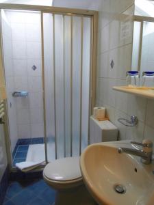 La salle de bains est pourvue d'une douche, de toilettes et d'un lavabo. dans l'établissement Hôtel Les Vieux Toits, à Neuchâtel