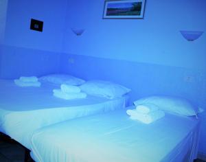 two beds with white pillows in a blue room at Hotel Moon Light in Rome