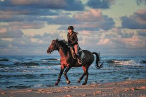 a woman riding a horse on the beach at Rancho Ulinia koło Łeby in Ulinia