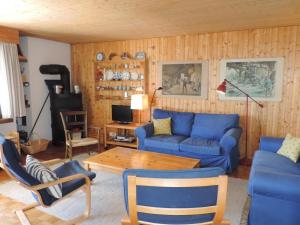 ein Wohnzimmer mit einem blauen Sofa und einem Tisch in der Unterkunft Barlangia (455 Ho) in Valbella