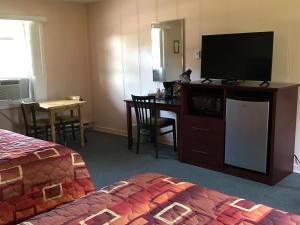 um quarto de hotel com uma cama e uma televisão de ecrã plano em Deep River Motel em Deep River