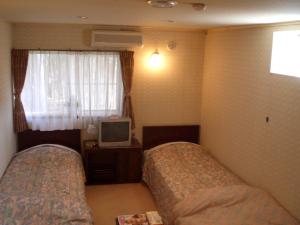 una camera d'albergo con due letti e una televisione di Nikko Pension L'escale a Nikko
