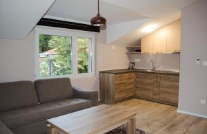 Una sala de estar con un sofá y una cocina. en OzApartments, en Mostar