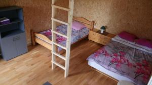 a bedroom with two bunk beds and a ladder at Metsjärve kämping in Puskaru