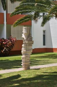 a stack of books on the grass next to a palm tree at Hotel Porto Santo & Spa in Porto Santo