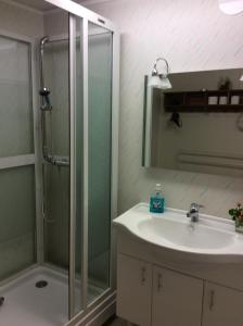 een badkamer met een wastafel en een douche bij Nösund Holiday Home in Nösund
