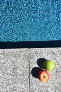 dos manzanas sentadas junto a una piscina en B&B Château Valmy - Teritoria, en Argelès-sur-Mer
