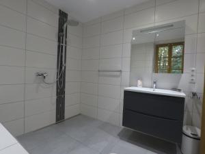 bagno con doccia, lavandino e specchio di Ferienwohnung auf dem Sturmhof a Grefrath