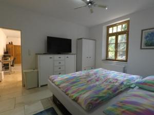 a bedroom with a bed and a flat screen tv at Ferienwohnung auf dem Sturmhof in Grefrath