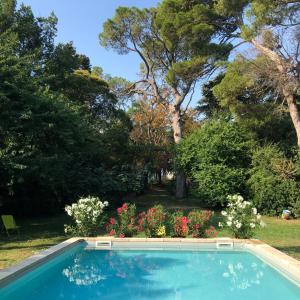 una piscina en un patio con flores en Domaine de La Forçate, en Villesiscle