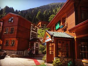 a group of buildings with a mountain in the background at Ayder Avusor Hotel in Ayder Yaylasi +11 photos