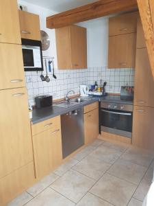 uma cozinha com um lavatório e uma máquina de lavar louça em Ferienwohnung Hub em Nittel