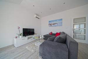 un soggiorno con divano grigio e TV di Apartment Dvina a Dubrovnik