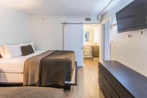 Hibiscus Suites - Sarasota في ساراسوتا: غرفة نوم بسرير وتلفزيون بشاشة مسطحة