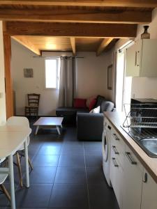 Il dispose d'une cuisine et d'un salon avec un canapé et une table. dans l'établissement Studio Pinzali Avec Mezzanine, à Calenzana