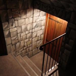 un escalier avec une porte en bois et un mur en pierre dans l'établissement Chambre Marquis de Sade, à Vichy