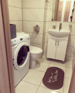 W łazience znajduje się pralka i umywalka. w obiekcie Двухуровневая квартира на Московском проспекте w Charkowie