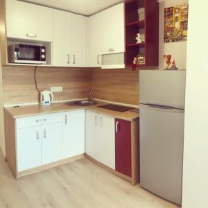 cocina con armarios blancos y nevera blanca en Двухуровневая квартира на Московском проспекте en Járkov