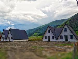 dwa domy na polu z górami w tle w obiekcie Twins Achkhoti w mieście Stepancminda
