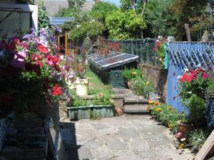 a garden with flowers and a blue fence at Perfect for Petersfield B&B in Petersfield