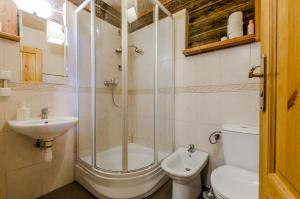 ein Badezimmer mit Dusche, Toilette und Waschbecken in der Unterkunft Domek na Górce in Sorkwity