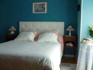 a bedroom with a large white bed with blue walls at Les Hirondelles Du Paradis 6 rue des Oiseaux in Beaulieu-sur-Sonnette +20 photos