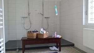 a bathroom with a shower and a table with baskets at Vila Adelaide in Brtníky