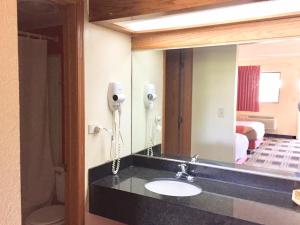 La salle de bains est pourvue d'un lavabo et d'un grand miroir. dans l'établissement Red Carpet Inn North Chicago, à North Chicago