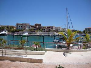 einen Yachthafen mit Booten, Palmen und Gebäuden in der Unterkunft Cap Cana Luxurious Marina Condo in Punta Cana