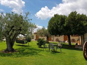 einen Garten mit Stühlen, einem Tisch und Bäumen in der Unterkunft Agriturismo Arcobaleno della Torretta in Giano dellʼUmbria